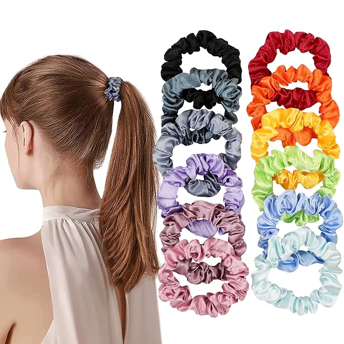 Satin Silk Hair Ties Small Mini Scrunchy for Women Cute Soft No Slip Ponytail Holders 12 Pcs Mini Bulk Scrunchies Elastic Hair Bands for Thick Curly Hair Pony Tails Hair Ties