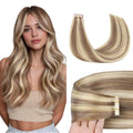 GOO GOO Tape in Hair Extensions Human Hair, 8B/60B Golden Blonde Highlights, 22inch 50g 20pcs, Skin Weft Seamless Invisible, Silky Straight with Thick Ends, Remy Human Hair
