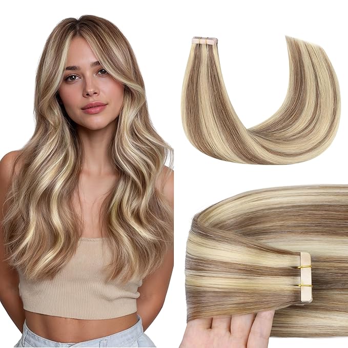 GOO GOO Tape in Hair Extensions Human Hair, 8B/60B Golden Blonde Highlights, 20inch 50g 20pcs, Skin Weft Seamless Invisible, Silky Straight with Thick Ends, Remy Human Hair