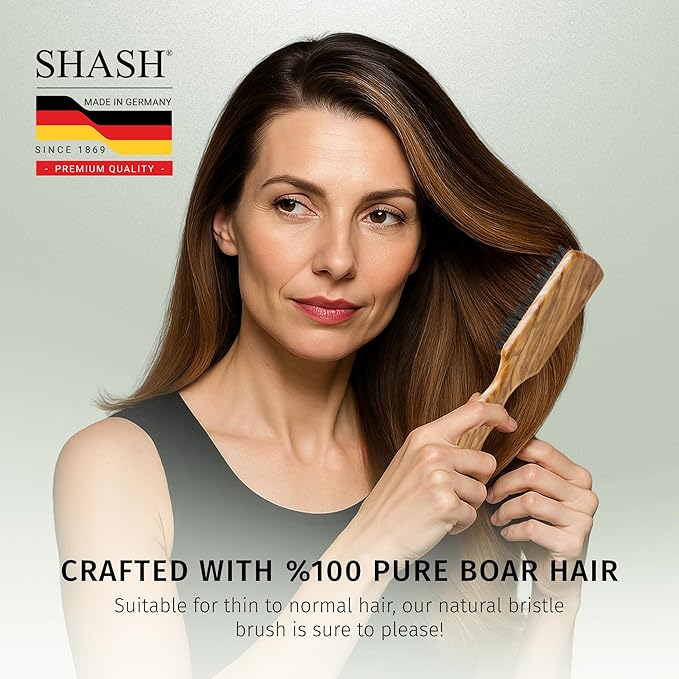 SHASH 100% First Cut Boar Bristle Hair Brush, Suitable For Thin To Normal Hair - Naturally Conditions Hair, Improves Texture, Exfoliates, Stimulates, Made in Germany