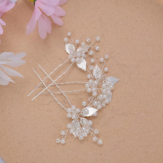 Bridal Hair Accessories, Beusoulover 3 Pieces Silver Hair Pins for Women Wedding, Bridesmaid, Flower Girl, U Shaped Bridal Flower Rhinestone Pearl Hair Pins Hair Vine Hair Piece (Silver)