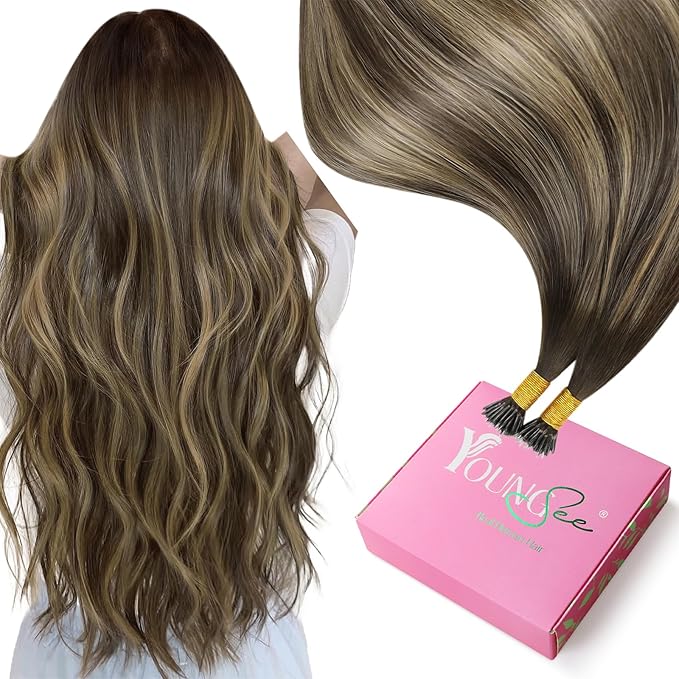 YoungSee Nano Ring Hair Extensions Human Hair Balayage Nano Link Hair Extensions Remy Hair 22Inch Nano-Bead Extension Dark Brown with Caramel Blonde Human Hair Extensions Nano-Tip 50G/50S