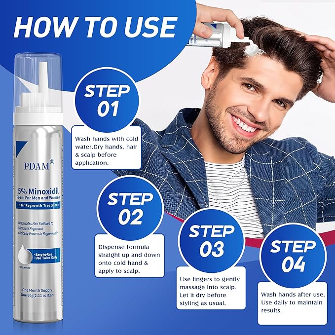 5% Minoxidil for Men and Women Foam Hair Growth - Minoxidil Foam Hair Regrowth Treatment for Men and Women, Topical Hair Loss Treatments, Extra Strength Thicker & Fuller Hair, 2 x 2.11 oz for 2 Months