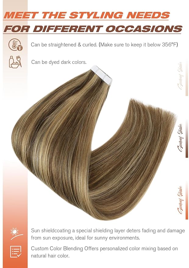 Sunny Hair Tape in Hair Extensions Real Human Hair Invisible Remy Hair Extensions Tape ins for Women Dark Brown Highlight Caramel Blonde 22 inch 20Pcs 50G