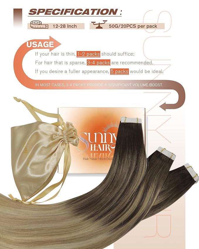 Sunny Hair Tape in Hair Extensions Human Hair Brown Balayage Blonde Tape in Extensions 14 Inch Real Hair Extensions Tape in 20Pcs 50g