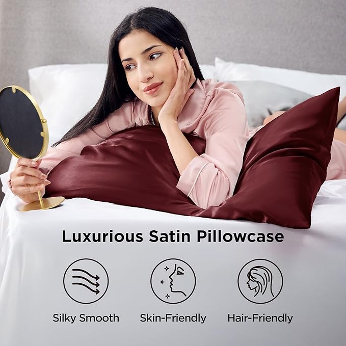 Bedsure Satin Pillowcases, Similar to Silk Pillow Cases Queen Size Set of 2, Burgundy Red Pillow Covers Case with Envelope Closure, Burgundy Home Decor Gifts for Women Men, 20x30 Inches, 2pcs