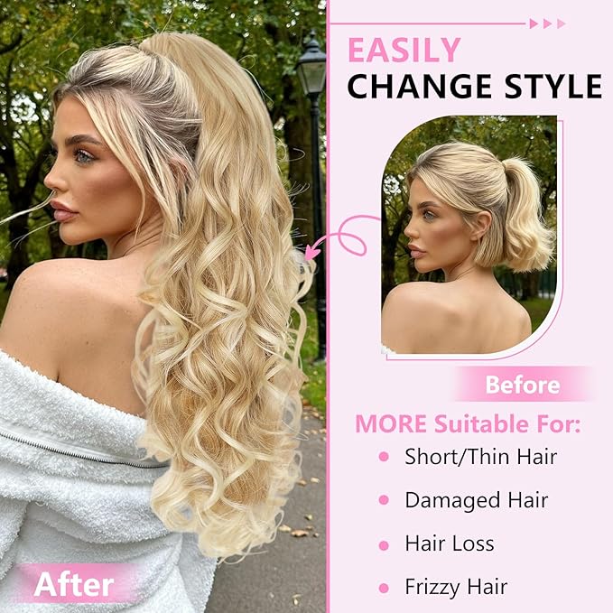 ALXNAN Ponytail Extension,24 Inch Claw Clip in Long Curly Mixed Blonde Ponytail Hair Extension Jaw Clip on Pony Tails Hairpiece for Women