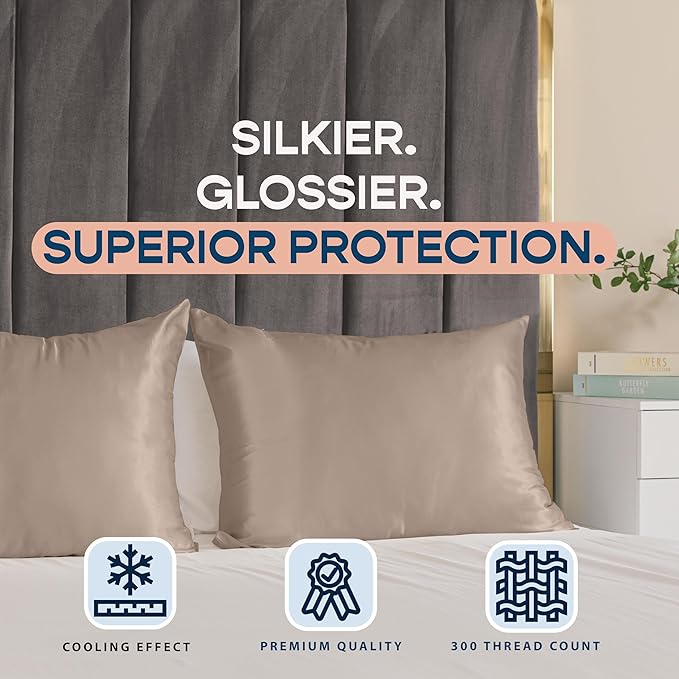 BLISSFORD Satin Pillowcase with Zipper, for Hair and Skin Care, Feels Soft and Cool Like a Silk Pillowcase, Satin Pillow Cases 2 Pack, Slik Pillow Cover, Pewter, Queen Size - Set of 2