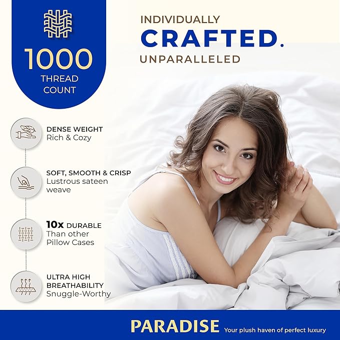 THREAD SPREAD 100% Egyptian Cotton Pillow Cases - 1000 Thread Count Pillow Cases Queen/Standard Size Set of 2, Soft & Breathable Extra Long Staple Sateen Cotton Pillow Covers for Bed - Light Blue