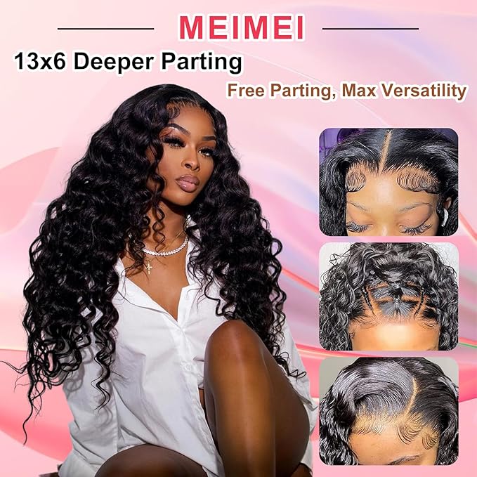 MEIMEI 13x6 Loose Wave HD Lace Front Wigs Human Hair 200 Density 100% Real Human Hair 15A Loose Deep Wave Wig Human Hair Pre Plucked, No Synthetic Blend No Tangle No Shedding Triple Lifespan 3X