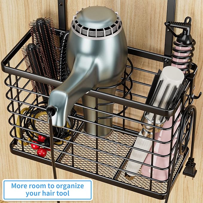 OVICAR Hair Dryer Holder - 3-in-1 Hair Tool Organizer Blow Dryer Holder Adjustable Height Wall Mounted/Cabinet Door Bathroom Organizer Storage for Hair Dryer, Flat Irons, Curling Wands, Straighteners