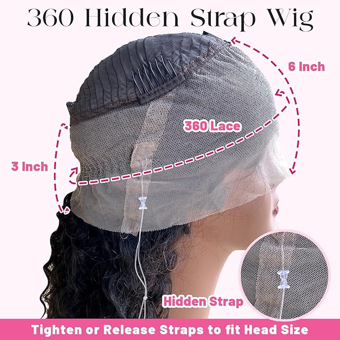 360 Glueless Drawstring Wig Human Hair 28 Inch Pre Plucked Hidden Strap 360 Water Wave Lace Front Wigs,180% Density Curly Wet and Wavy HD Full 360 Lace Frontal Human Hair Wig