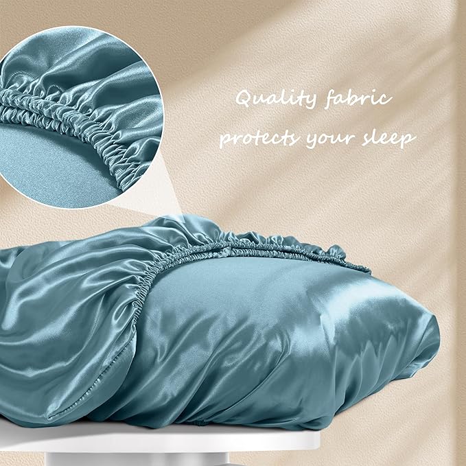 Manyshofu Satin Pillowcases for Hair Protection - 1Pcs Blue Pillow Cases, Elastic Band Standard & Queen Satin Pillowcases Luxury Silky Pillow Cases Travel Pillow Covers