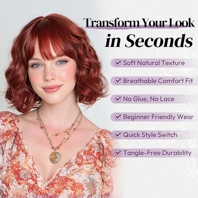 BARSDAR Copper Red Short Wavy Wig with Bangs - Short Copper Red Bob Wigs for Women - Curly Wavy Textured French Bob Wig with Bangs Soft Synthetic Natural Looking Face-Framing Daily