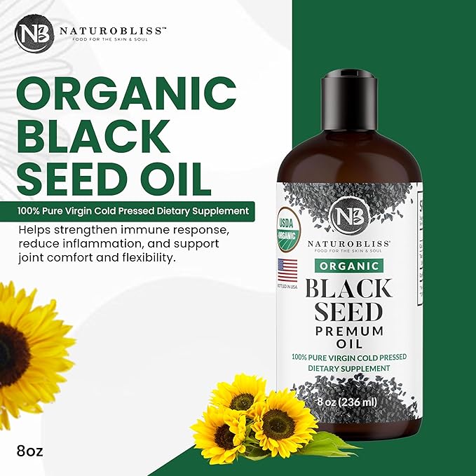 NaturoBliss Organic Black Seed Oil 100 Virgin Cold Pressed Omega 3 6 9 Super Antioxidant for Immune Support, Joints, Mobility, Digestion, Hair Skin Vegan, Gluten-Free, Non-GMO USDA Certified 8oz