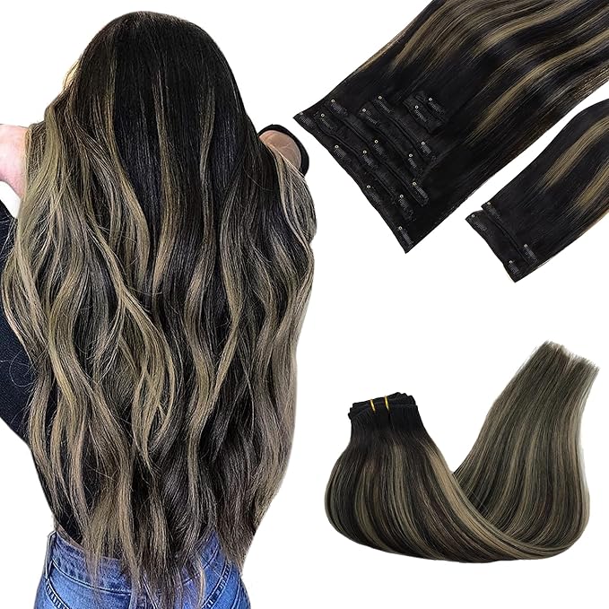 GOO GOO Clip in Hair Extensions Real Human Hair, Remy Human Hair Extensions Clip ins for Women, Natural Human Hair, 20inch 150g 9Pcs, 1B/16/1B Balayage Natural Black to Light Blonde