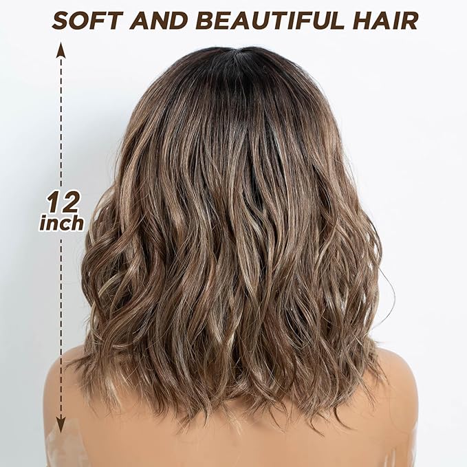 NOBLE Bob Wig with Bangs Short Wavy Wig for Women Ombre Mix Blonde Shoulder Length Wig Heat Resistant Synthetic Wigs for Daily Party Use 12 Inches