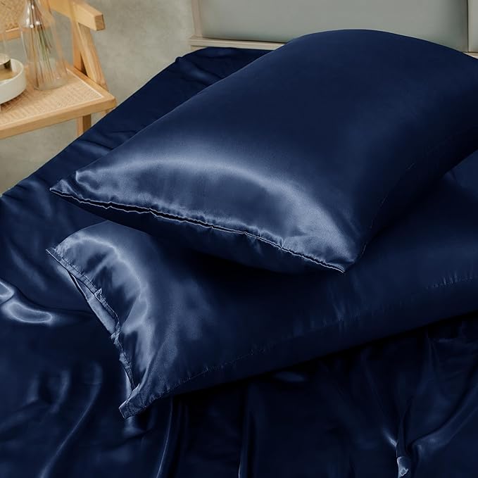 Navy Blue Satin Pillowcase Standard Set of 2 with Envelope Closure，Navy Blue Silk Pillowcase for Hair and Skin (20x26)