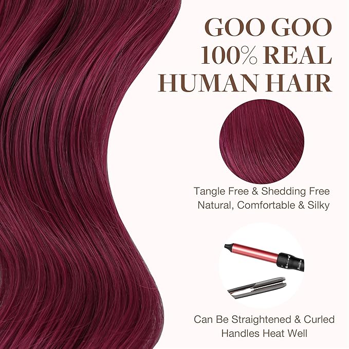 GOO GOO Tape in Hair Extensions Human Hair, Burgundy, 12inch 40g 20pcs, Skin Weft Seamless Invisible, Silky Straight with Thick Ends, Remy Human Hair