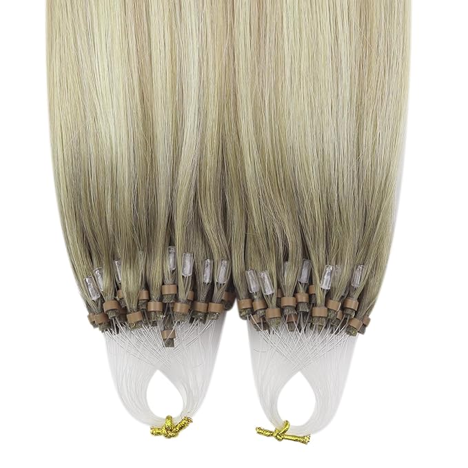 YoungSee Micro Loop Hair Extensions Real Human Hair Blonde Bead Hair Extensions Human Hair Ash Blonde Ombre Platinum Blond Microbead Human Hair Extension Balayage for Adding Hair Length 22In 50s/50g
