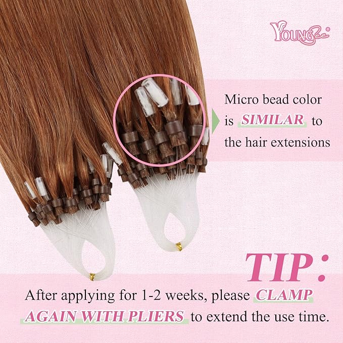 YoungSee Micro Hair Extensions Auburn 16 Inch Micro Bead Hair Extensions Real Human Hair Copper Micro Ring Hair Extension Copper Micro-Link Human Hair Extension 25g 25s Pre Bonded Remy Hair for DIY