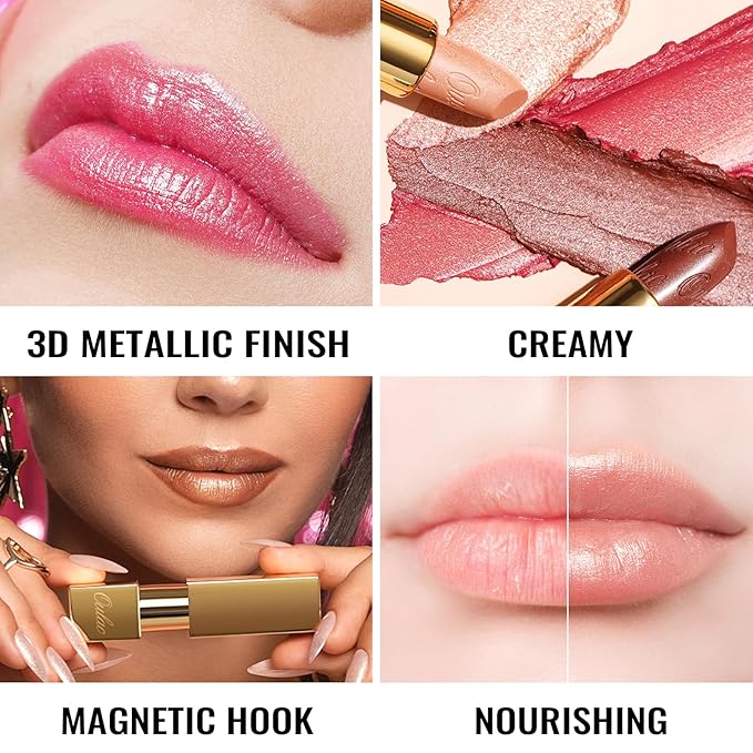 Oulac Metallic Brown Lipstick Set 3PCS, Comfortable Creamy Texture, Smooth No Grainy Feeling, Vegan & Gluten Free, Full-Coverage Lip Makeup, 3 X 4.3 g, 604+24+GM10