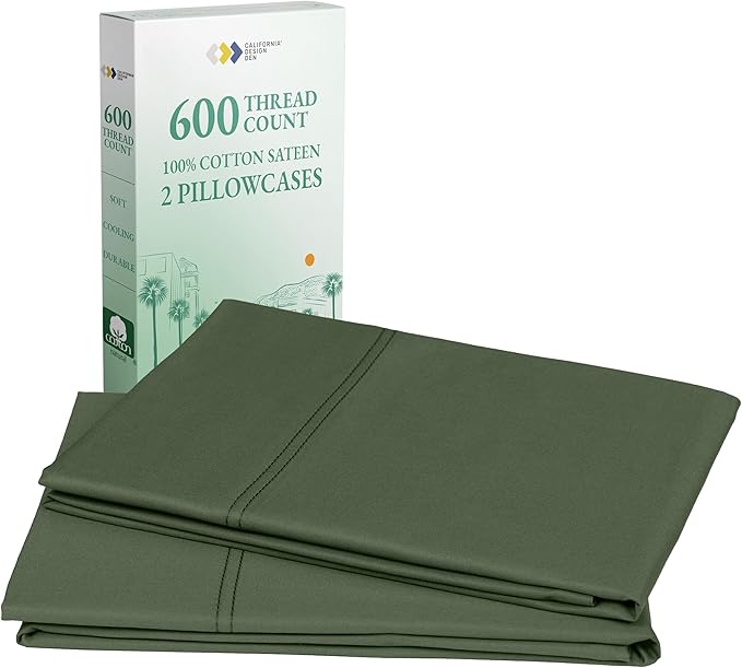 California Design Den King Size Pillowcase Set of 2 - Luxuriously Soft Premium 600 Thread Count, 100% Cotton Pillow Case Covers, Crisp Sateen, Fits King Pillows - Dark Olive Green