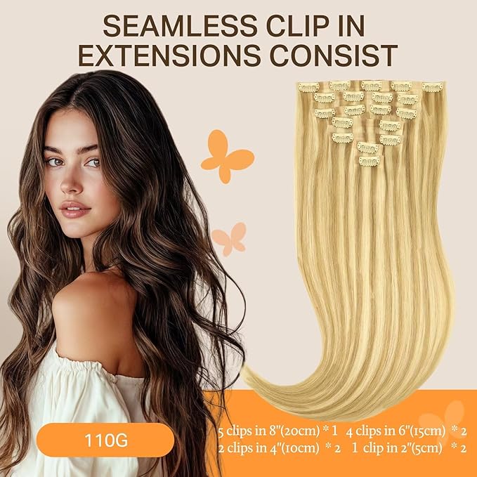 DOORES Hair Extensions Seamless Clip in Real Human Hair, DirtyBlonde Highlight Golden Blonde 18 Inch 110g 7pcs, Human Hair Extensions Skin Weft Remy Straight Hair Invisi Edge Hair Extensions