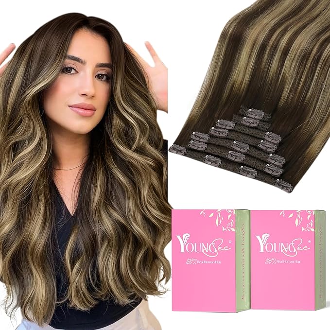 YoungSee Clip in Hair Extensions Human Hair Balayage Brown Human Hair Clip in Extensions Balayage Chocolate Brown Mix Caramel Blonde Full Head Clip ins Real Hair Extension Add Length 120G 20Inch