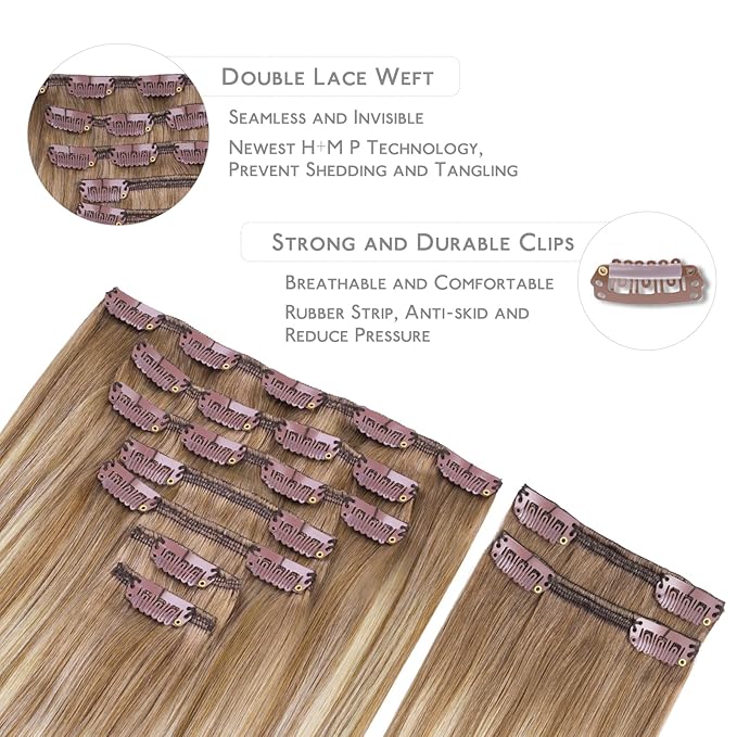 WENNALIFE Clip in Hair Extensions, 150g 14 Inch 9pcs Balayage Dirty Blonde with Platinum Ends Remy Hair Thicker Double Weft Extensiones De Cabello Humano Con Clip Ins Straight Full Volume