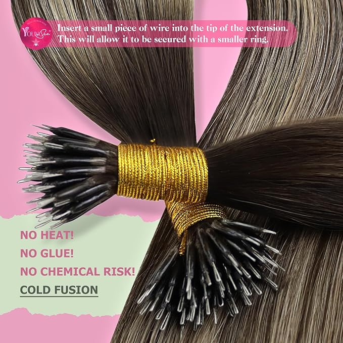 YoungSee Nano Hair Extensions Real Human Hair Balayage Dark Brown with Ash Blonde Nano Ring Hair Extensions Brown Cold Fusion Bead Hair Extension Human Hair Straight Add Length 20inch 1g/s 50g