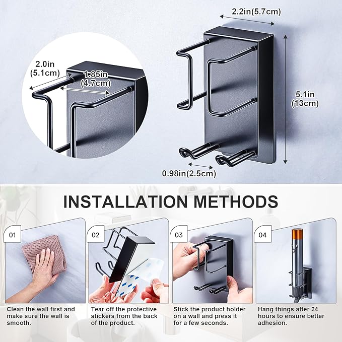 Blow Dryer Holder Wall Mount Hair Dryer Holder, Adhesive Straightener Holder, Curling Iron Holder for Bathroom Salon Barber Shop, Flat Iron Holder, Hair Tools Organizer Storage (Black)