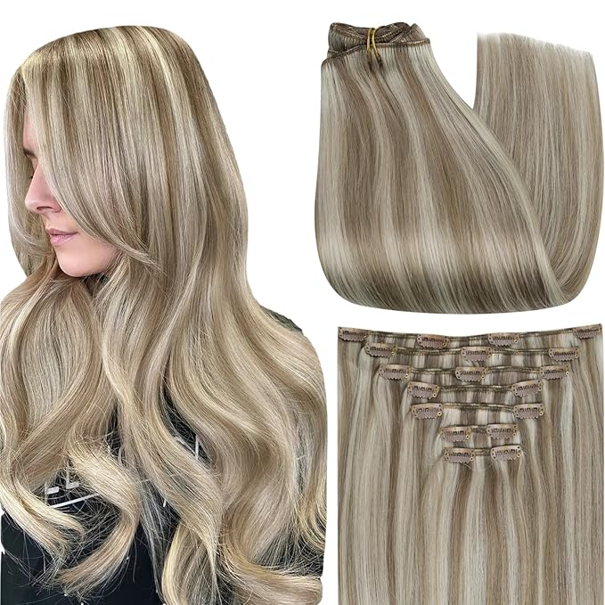 Full Shine Clip In Hair Extensions Real Human Hair, Blonde Clip In Extensions for Thin Hair 7Pcs 120G Real Human Hair Extensions Clip In, Silky Straight Hair 20 Inch