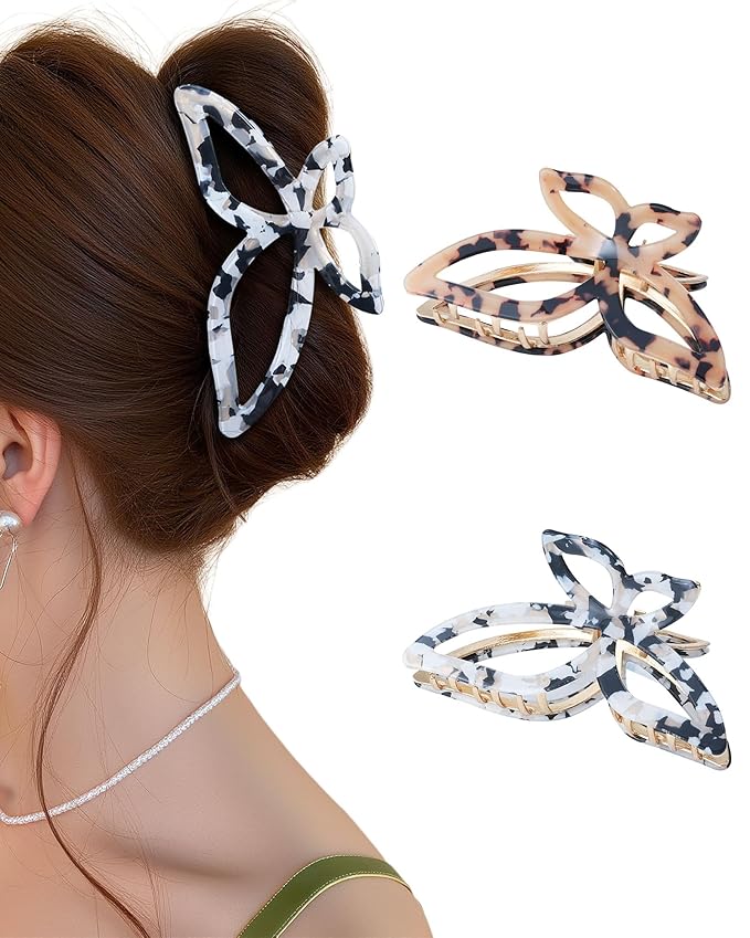 ACECHA 2 Pack Gold Metal Bow Hair Claw Clips for Women, Large Non-slip Butterfly Hairclips for Thin Thick Hair Claws Strong Hold Styling (Leopard)