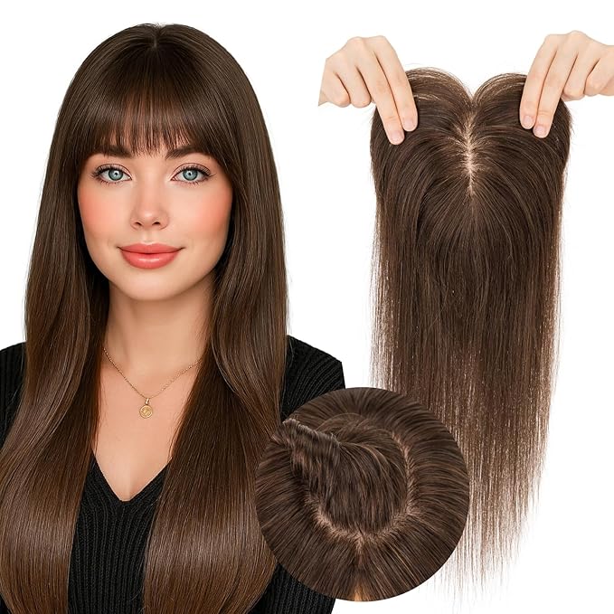 Real Human Hair Toppers for Women 3.54"*4.72" Silky Base 150% Density With Bangs Adjustable Parting Clip-In Topper Hairpieces for Women with Thinning Hair 10 Inches Dark Brown