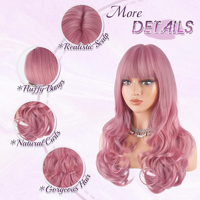 Haloo Pink Wigs with Bangs Long Wavy Layered Haircut Natural Looking Fluffy Synthetic Heat Resistant Hair Wig for Women Daily Party, 24 Inch