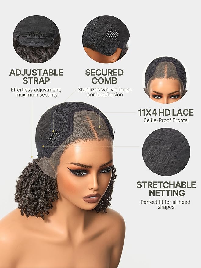Frodio Veralux Fiber 12'' Synthetic 11X4 Lace Frontal Wig 200% Density Micro Twist Curly Wigs 11X4 Closure HD Lace Dreadlock Wig Glueless Wigs Natural Black Ready to Go Wig for Women