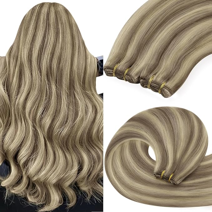 YoungSee 100G Weft Hair Extensions Highlight Human Hair Weft Extensions Light Brown Highlight Blonde Sew in Hair Extensions Real Human Hair for Short Hair 14Inch