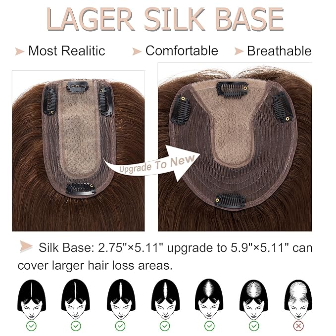 Hair Toppers for Women Real Human Hair No Bangs, 13 * 15 cm Larger Silk Base 150% Density Clip In Topper Hairpieces, Wiglet Top Pieces Add Volume -14 Inch 04 Medium Brown