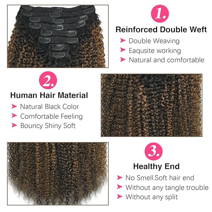 3c 4a Curly Clip in Hair Extensions T1BP1B/30 Omber Kinky Curly Clip ins For Women Brazilian Virgin Clip on Hair (12inch,T1BP1B/30)