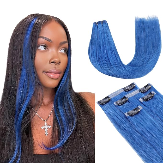 Lashey Seamless Clip in Hair Extensions Human Hair 46g 4pcs 18 Inch Blue Straight Hair Extensions Clip ins with Invisi Edge