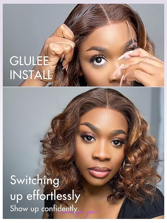 LUVME HAIR 10? Brown Ombre Bob Wig Human Hair Pre Cut Glueless HD Lace Closure Wig Pre Plucked, Light Brown Multicolored Short Loose Wave Wigs For Women