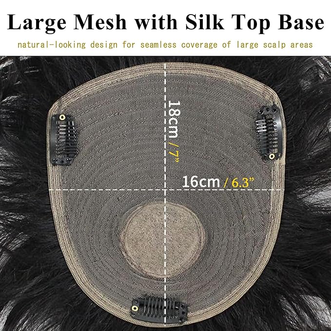 Short Human Hair Topper for Women with Hairloss,Invisible Clip in Short Curly Topper Hairpiece with Large Mesh 6.3x7 Ins and Silk Top Base Natural Fluffy Wiglet Hairpiece Natural Black