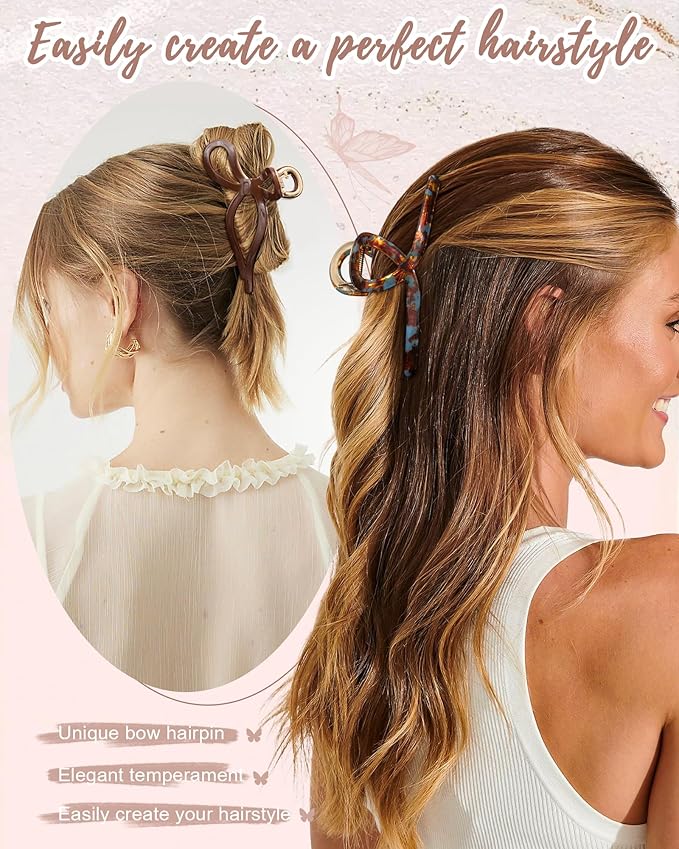 HAIMEIKANG 3 PCs Metal Acrylic Hair Bow Claw Clips - Strong Hold Non-Slip Large Gold Clips for Thick Hair