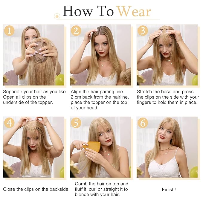 SEGO Hair Toppers for Women Real Human Hair With Bangs, 7 * 13CM Silk Base 100% Remy Human Hair Clip in Top Wiglet Hairpieces Add Volume /16 Inch Medium Brown&Dark Blonde