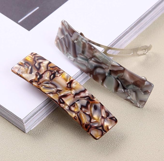 2PCS Hair Barrettes Tortoise Shell French Design Celluloid Rectangle Hair Clips for Women