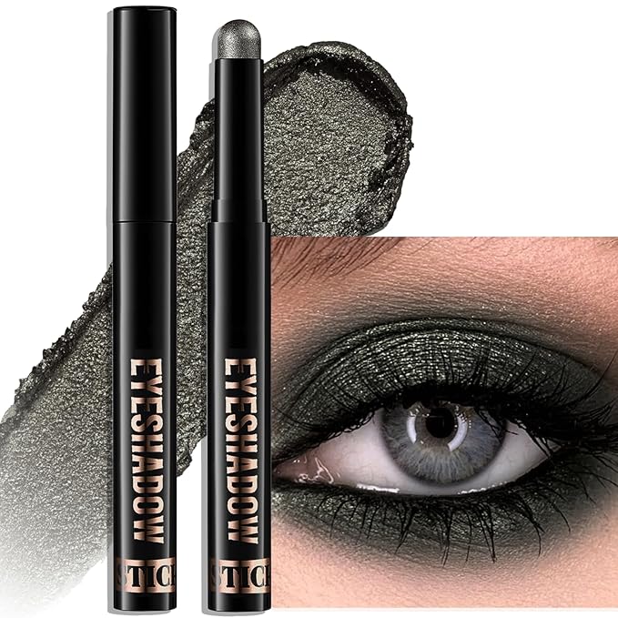 Black Shimmer Eyeshadow Stick, Waterproof Cream Eye Shadow Pencil Long-Lasting Crease-Proof Glitter Eyeshadow Crayon Smooth High Pigmented Highlighter Blendable Neutral Eye Shadow Liner Makeup