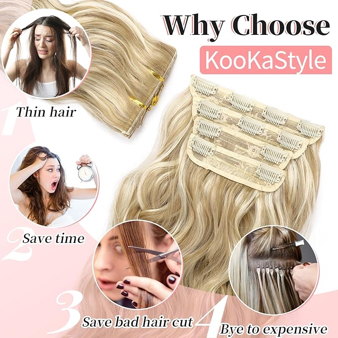 KooKaStyle Beach Blonde Hair Extensions Clip in Synthetic Highlight Hair Extensions Long Wavy 4PCS Thick Hairpieces 24 Inch Beach Blonde for Women