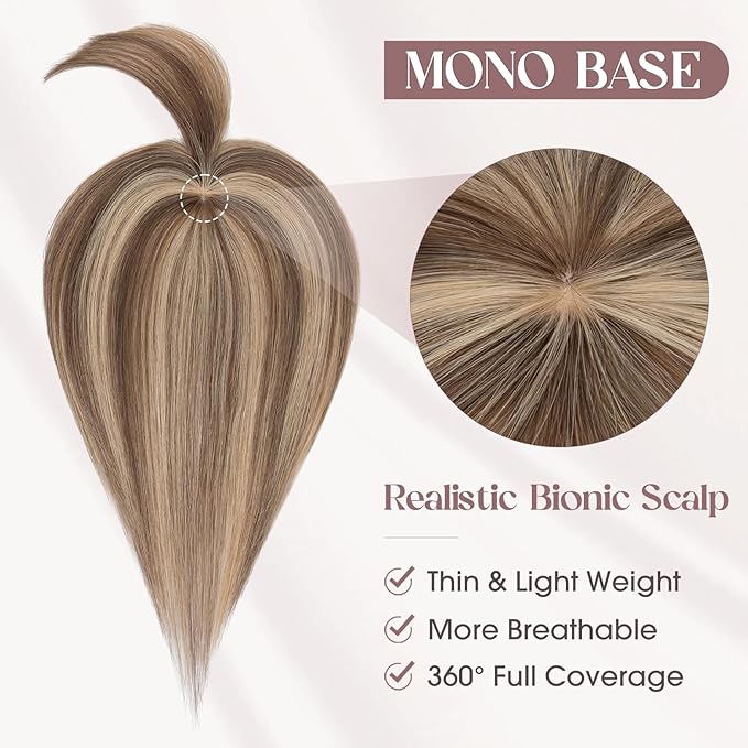 MY-LADY Human Hair Toppers for Women Real Human Hair with Bangs Thin 8.5 * 8.5CM Mono Base Clip in Straight Remy Hairpieces Light Weight 10 Inch Medium Brown Mixed Dark Blonde