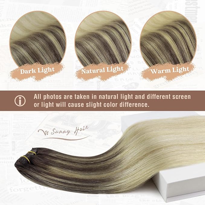 Ve Sunny Human Hair Clip in Extensions Comfortable Clip in Hair Extensions Real Human Hair Dark Brown Ombre Dark Golden Blonde Balayage Light Blonde Hair Clip in Extensions 100g 7pcs 14inch
